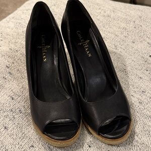 Cole Haan Black Peep Toe Heels with Tan Wedge